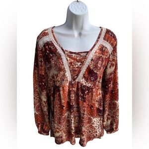 Vanity Women's Brown & White V-Neck Polyester Long Sleeve Top Size Medium